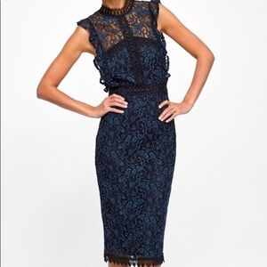 ZARA stretch lace dress with ruffled shoulders and high neck. XS